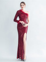 One Shoulder Long Sleeve Split Prom Dress