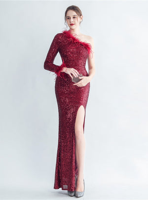 One Shoulder Long Sleeve Split Prom Dress