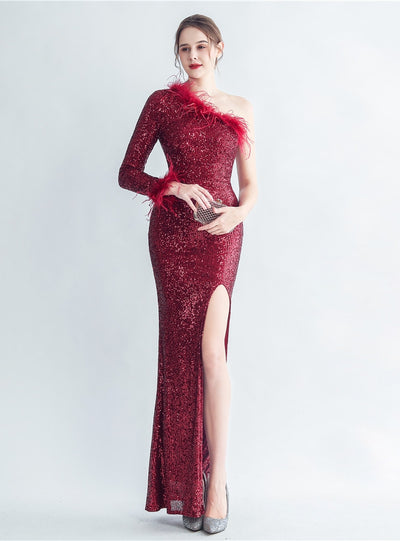 One Shoulder Long Sleeve Split Prom Dress