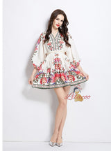 Vintage V-neck Lantern Sleeve Printed Dress