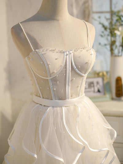 Tulle Spaghetti Straps Pearls Homecoming Dress