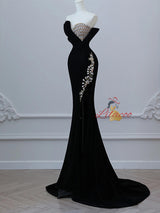 Black Mermaid Velvet Strapless Crystal Prom Dress