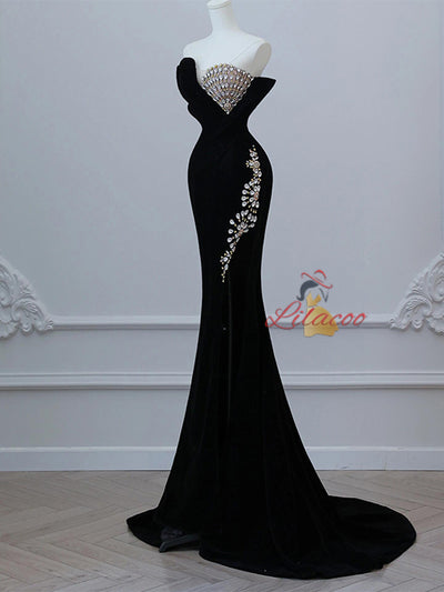 Black Mermaid Velvet Strapless Crystal Prom Dress