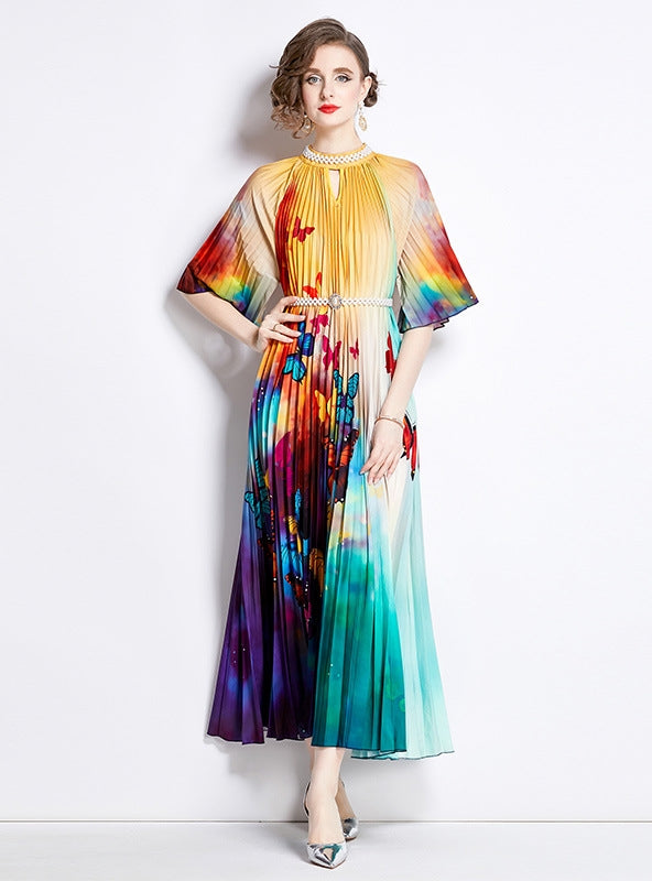 Wrinkled Short-sleeved Beaded Gradient Print dress