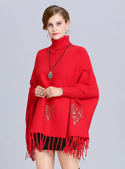 Loose High-necked Fringed Bat Sleeve Cloak Shawl