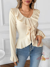 Solid Color V-neck Ruffled Slim Shirt T-shirt