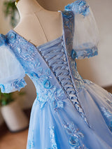 Blue Tulle V-neck Puff Sleeve 3D Flower Prom Dress