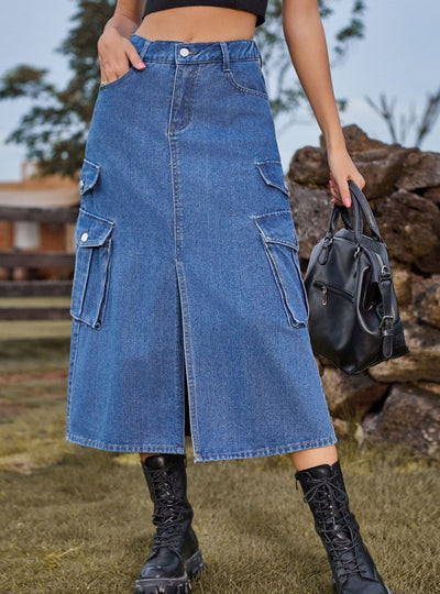 Elastic Waist Denim Casual Long Skirt