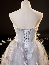 Gray Tulle Feather Beading Short Prom Dress