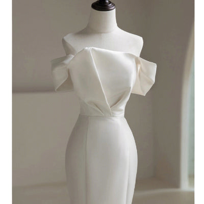 White Mermaid Satin Wedding Dress With Train