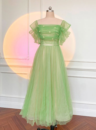 Green Tulle Pleats Flower Prom Dress