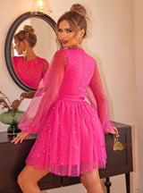 Lantern Sleeve Mesh Short Dress