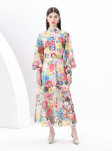 Retro Stand-up Collar Breasted Print Long Dress