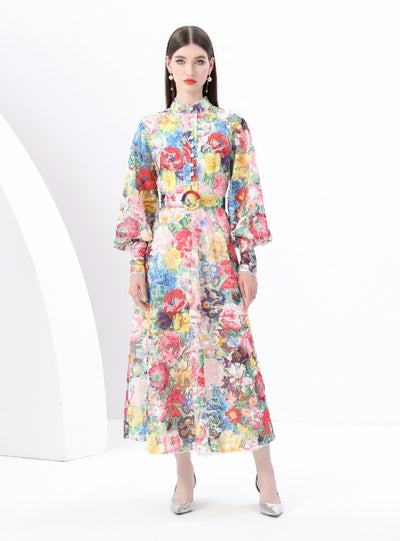 Retro Stand-up Collar Breasted Print Long Dress