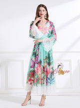 V-neck Long Sleeve Lace Print Suit Dress