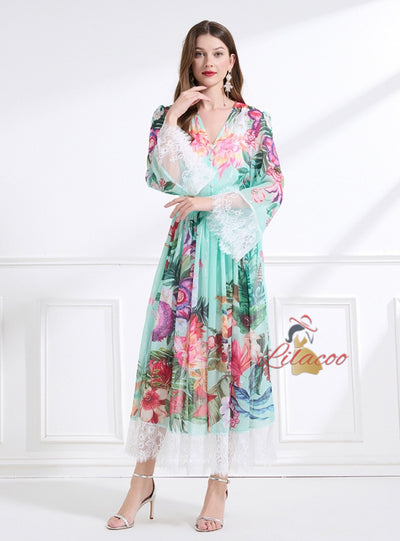 V-neck Long Sleeve Lace Print Suit Dress