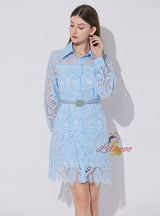 Retro Heavy Lace Lapel Long Sleeve Dress