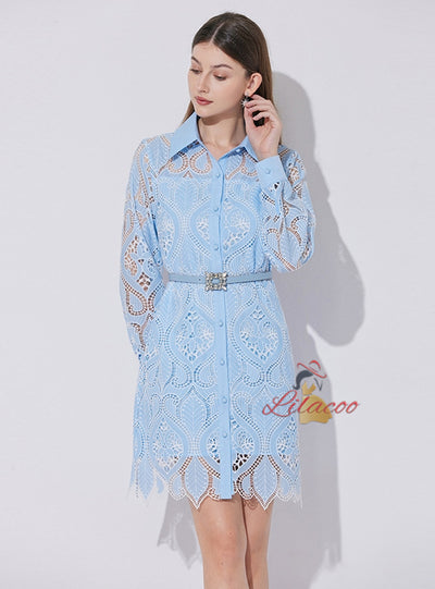 Retro Heavy Lace Lapel Long Sleeve Dress