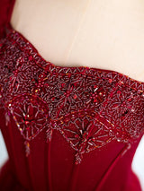Burgundy Tulle Puff Sleeve Beading Prom Dress