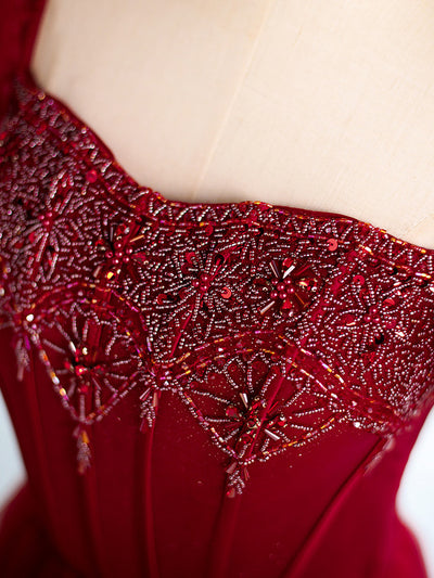 Burgundy Tulle Puff Sleeve Beading Prom Dress