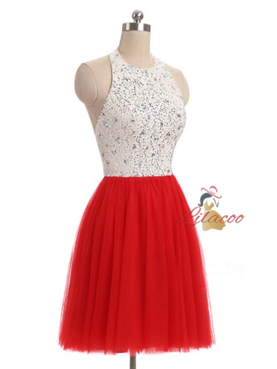 Red Tulle Halter Beading Homecoming Dress