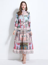 Palace Lantern Sleeve Button Slim Chiffon Printed Dress