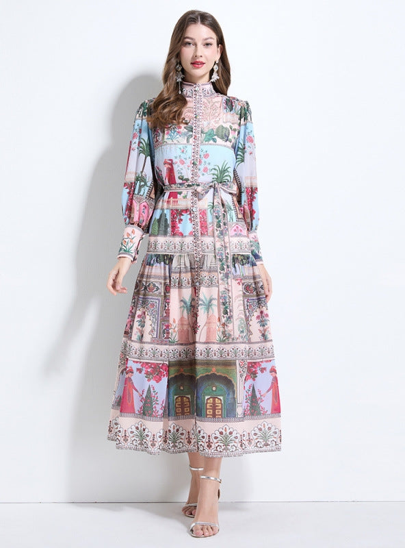 Palace Lantern Sleeve Button Slim Chiffon Printed Dress