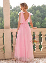 Pink Tulle V-neck Long Party Dress