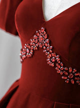 Burgundy Velvet Puff Sleeve V-neck Crystal Prom Dress