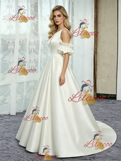 Ivory Satin Scoop Neck Wedding Dress