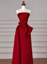 Burgundy Satin Strapless Pleats Prom Dress
