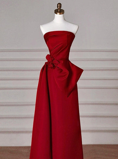 Burgundy Satin Strapless Pleats Prom Dress