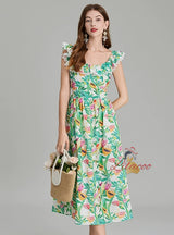 Green Printed Off the Shoulder Dress