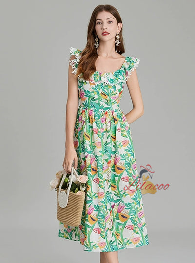 Green Printed Off the Shoulder Dress