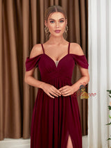 Burgundy Chiffon V-neck Pleats Prom Dress