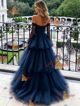Navy Blue Tulle Long Sleeve Prom Dress