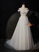 White Tulle 3D Flower Wedding Dress