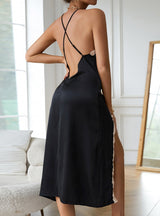 Silk-like V-shaped Slit Suspender Nightdress