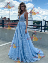 Blue V-neck Lace Prom Dress