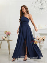 Navy Blue Chiffon One Shoulder Prom Dress