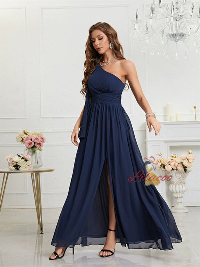 Navy Blue Chiffon One Shoulder Prom Dress