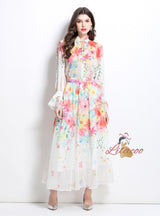 Lantern Sleeve Printed Chiffon Shirt+Skirt Suit