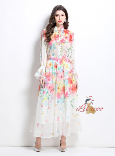 Lantern Sleeve Printed Chiffon Shirt+Skirt Suit