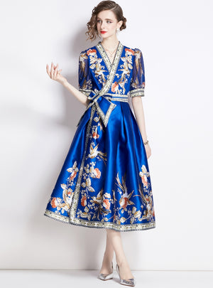 Vintage Palace Style Printed V-neck Big Swing Dress