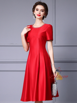 Red Satin Short Sleeve Mother Of The Bride Dress
