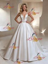 White Satin Straps Beading Wedding Dress