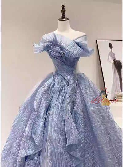 Blue Tulle Strapless Pleats Prom Dress