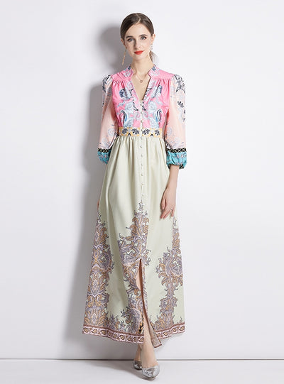 V-neck Lantern Sleeve Slim Printed Dress