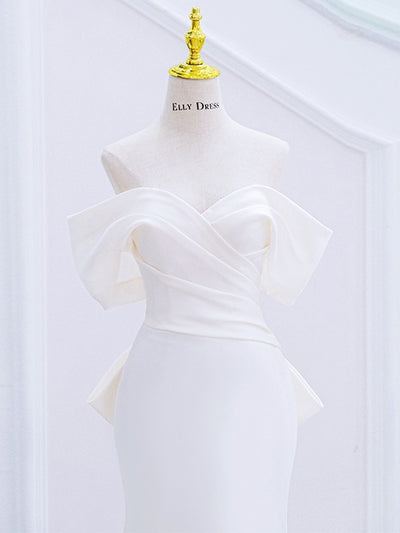 White Mermaid Pleats Bow Wedding Dress