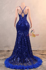 Royal Blue Mermaid Sequins Feather Prom Dress